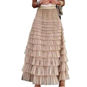 Fairy Tulle Maxi Skirt High Waisted Layered Mesh A Line Women Pink